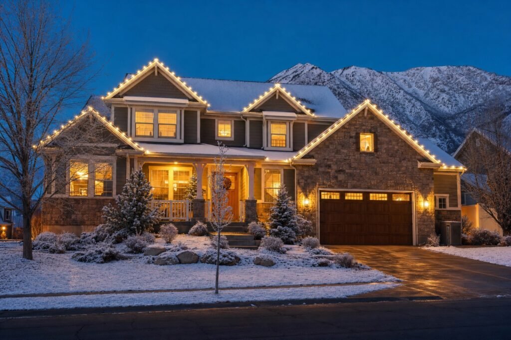 Cache Valley home at dusk with warm white C9 LED Christmas lights along the roofline