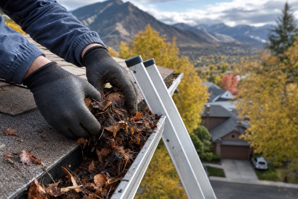 Gloved hands scooping autumn leaves out of a rain gutter on a Cache Valley home
