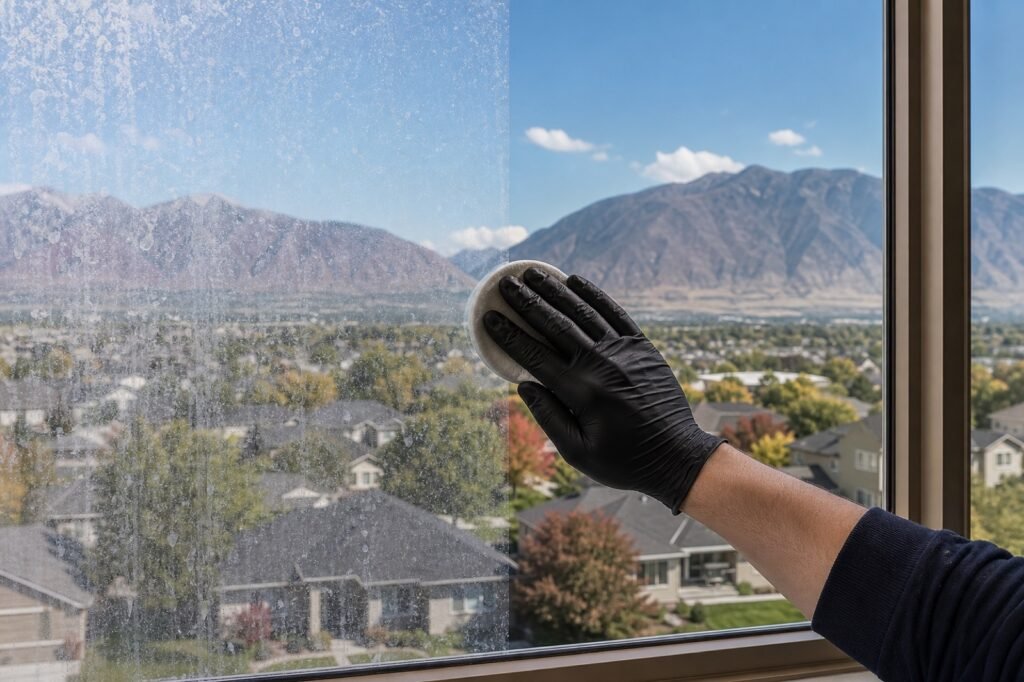 Window glass half covered in white hard water mineral haze and half polished crystal clear