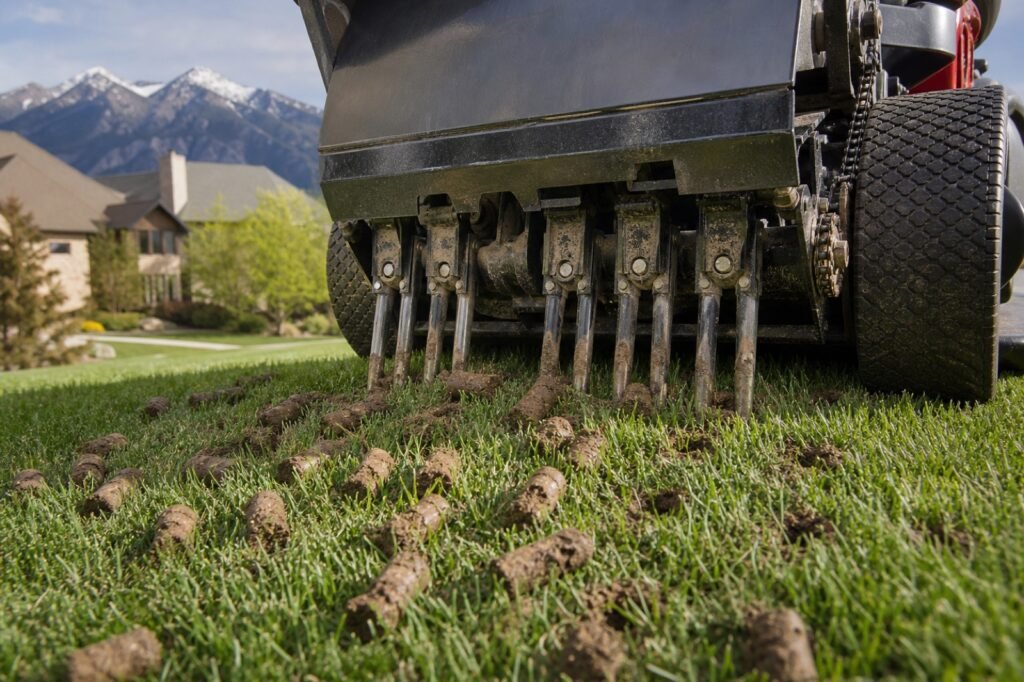 Core aerator pulling soil plugs from a green Cache Valley lawn in spring