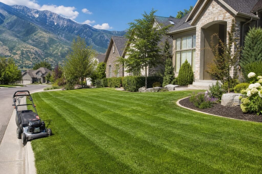 Freshly mowed lawn with crisp stripes in front of a Cache Valley home