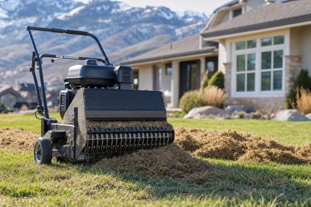 Power rake machine lifting brown thatch from a lawn in early spring