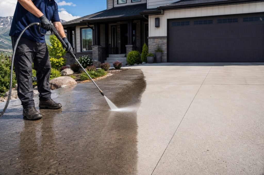 Driveway pressure washing showing dramatic clean line between dirty and clean concrete