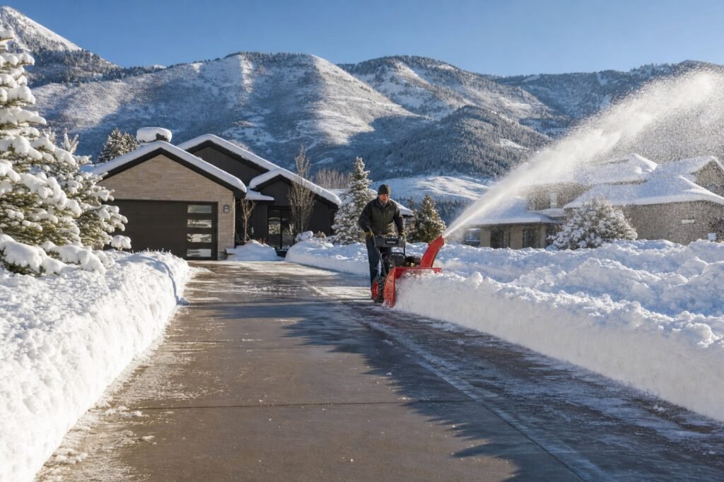 Freshly cleared residential driveway with clean snowbanks in a Cache Valley winter