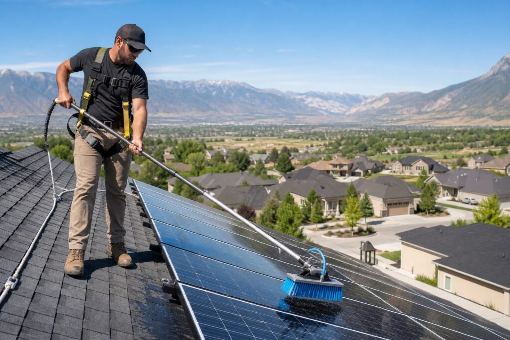 Technician cleaning rooftop solar panels with a soft-bristle brush and water-fed pole