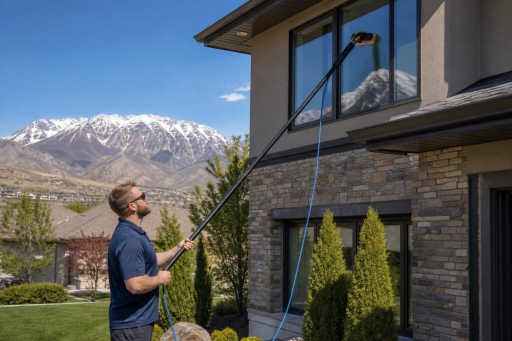 Professional window cleaner using a water-fed pole on a two-story Cache Valley home with mountain backdrop