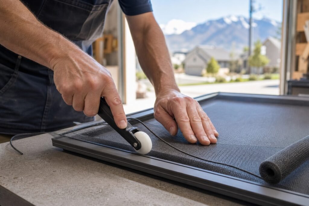 Hands re-screening a window frame with fiberglass mesh and a spline roller