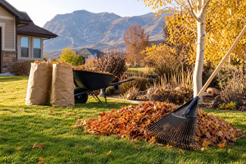 Fall yard cleanup with raked leaf piles, yard waste bags and pruned garden beds